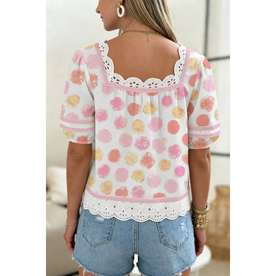 Polka Dot Lace Trim Square Neck Puff Sleeve Blouse Apparel and Accessories