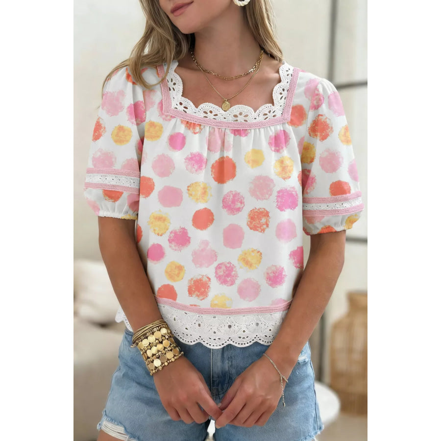 Polka Dot Lace Trim Square Neck Puff Sleeve Blouse Apparel and Accessories