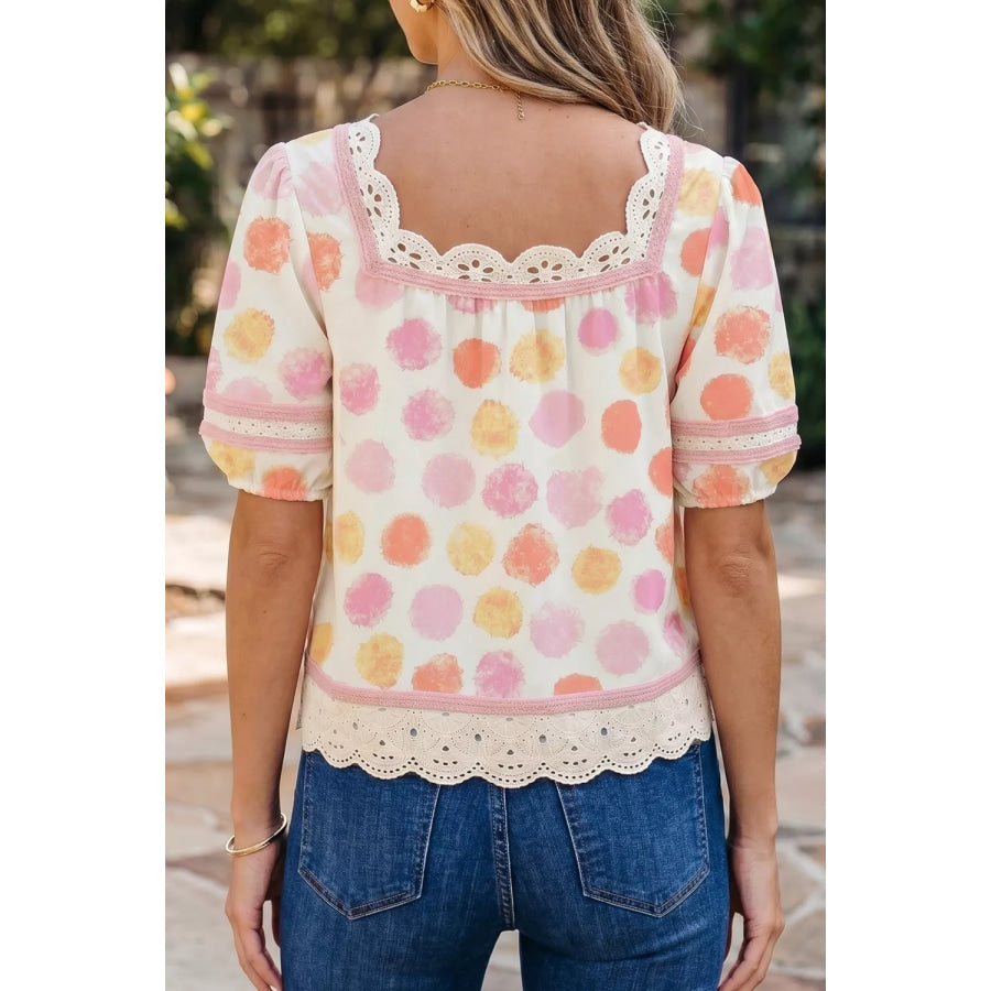 Polka Dot Lace Trim Square Neck Puff Sleeve Blouse Apparel and Accessories