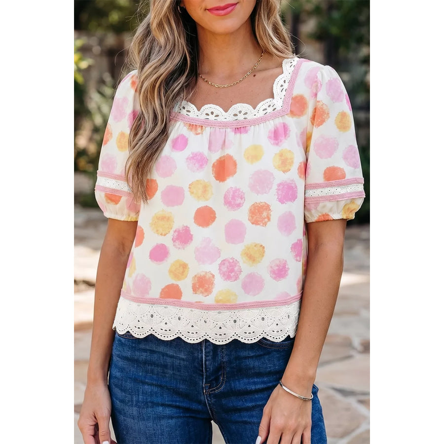 Polka Dot Lace Trim Square Neck Puff Sleeve Blouse Apparel and Accessories
