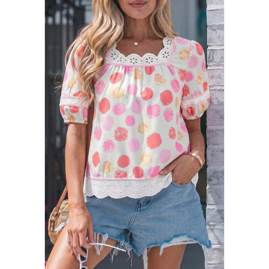 Polka Dot Lace Trim Square Neck Puff Sleeve Blouse Burnt Coral / S Apparel and Accessories