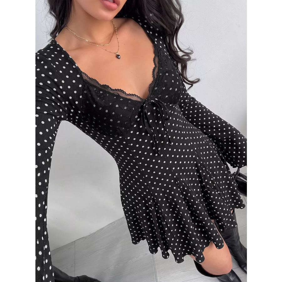 Polka Dot Lace Trimmed V-Neck Mini Dress Apparel and Accessories