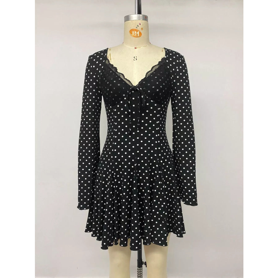 Polka Dot Lace Trimmed V-Neck Mini Dress Apparel and Accessories