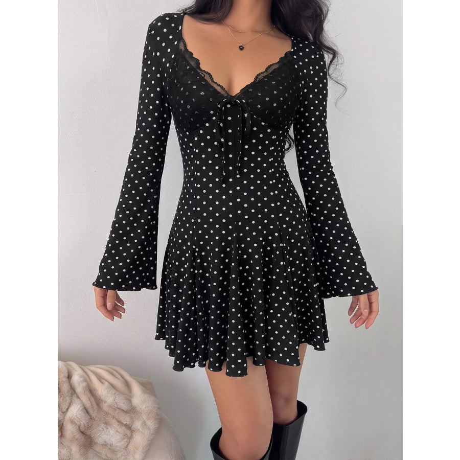 Polka Dot Lace Trimmed V-Neck Mini Dress Apparel and Accessories