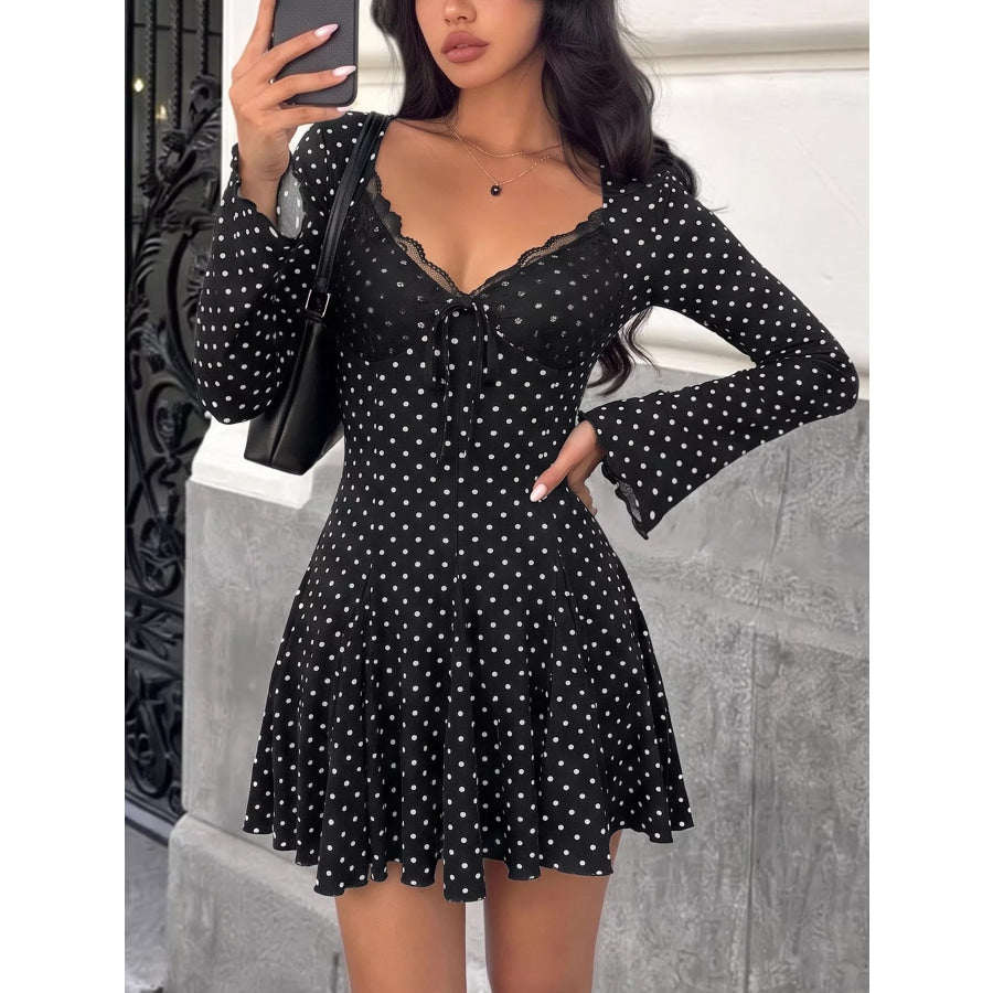 Polka Dot Lace Trimmed V-Neck Mini Dress Black / S Apparel and Accessories