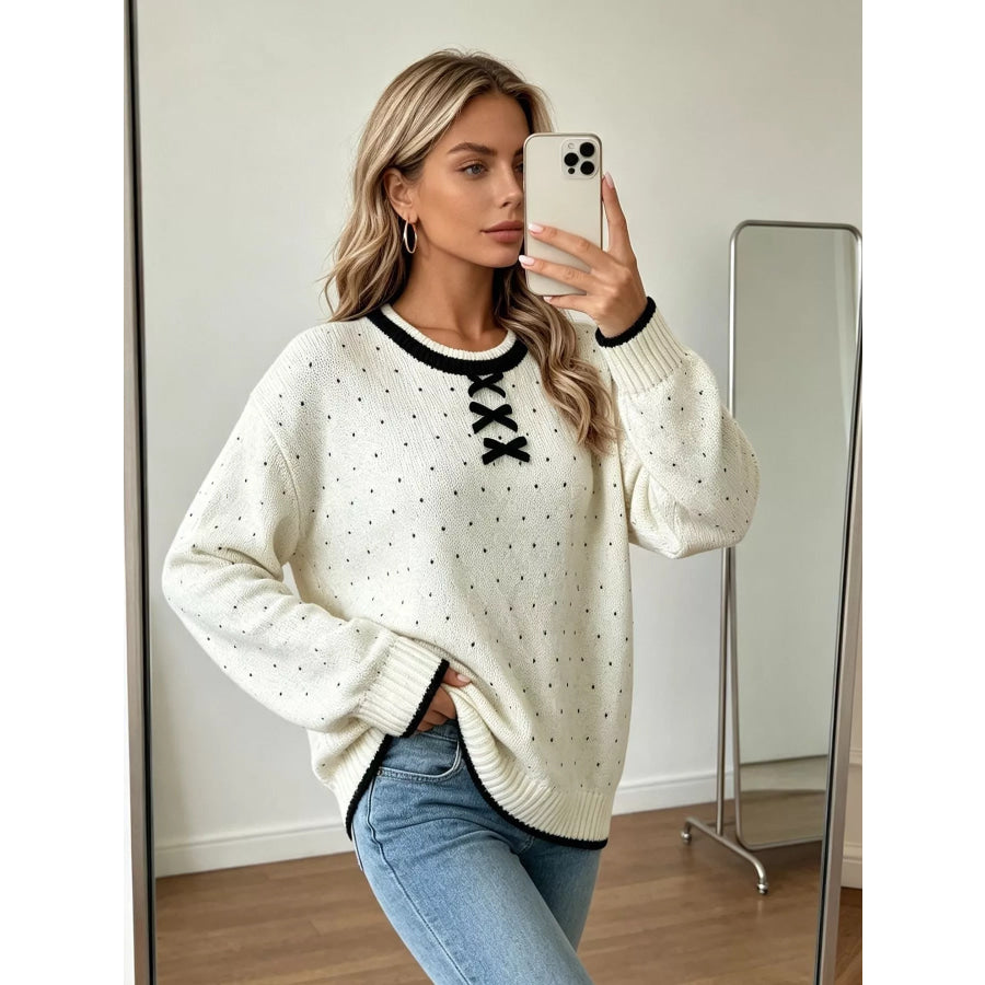 Polka Dot Lace-Up Detail Sweater Apparel and Accessories