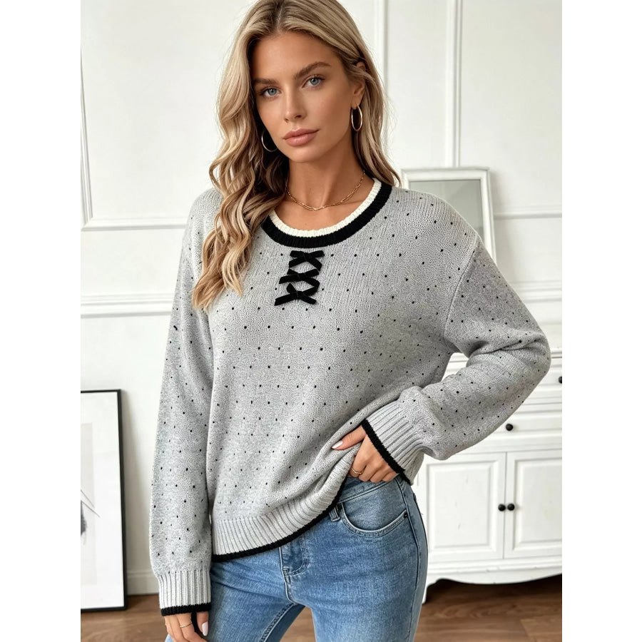 Polka Dot Lace-Up Detail Sweater Apparel and Accessories