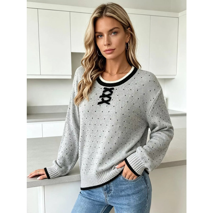 Polka Dot Lace-Up Detail Sweater Apparel and Accessories