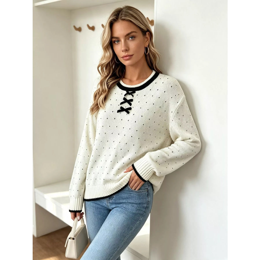 Polka Dot Lace-Up Detail Sweater Apparel and Accessories