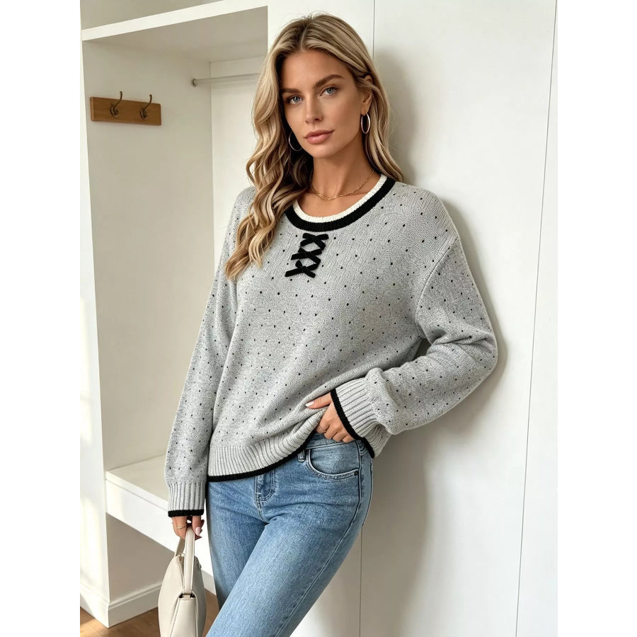Polka Dot Lace-Up Detail Sweater Apparel and Accessories
