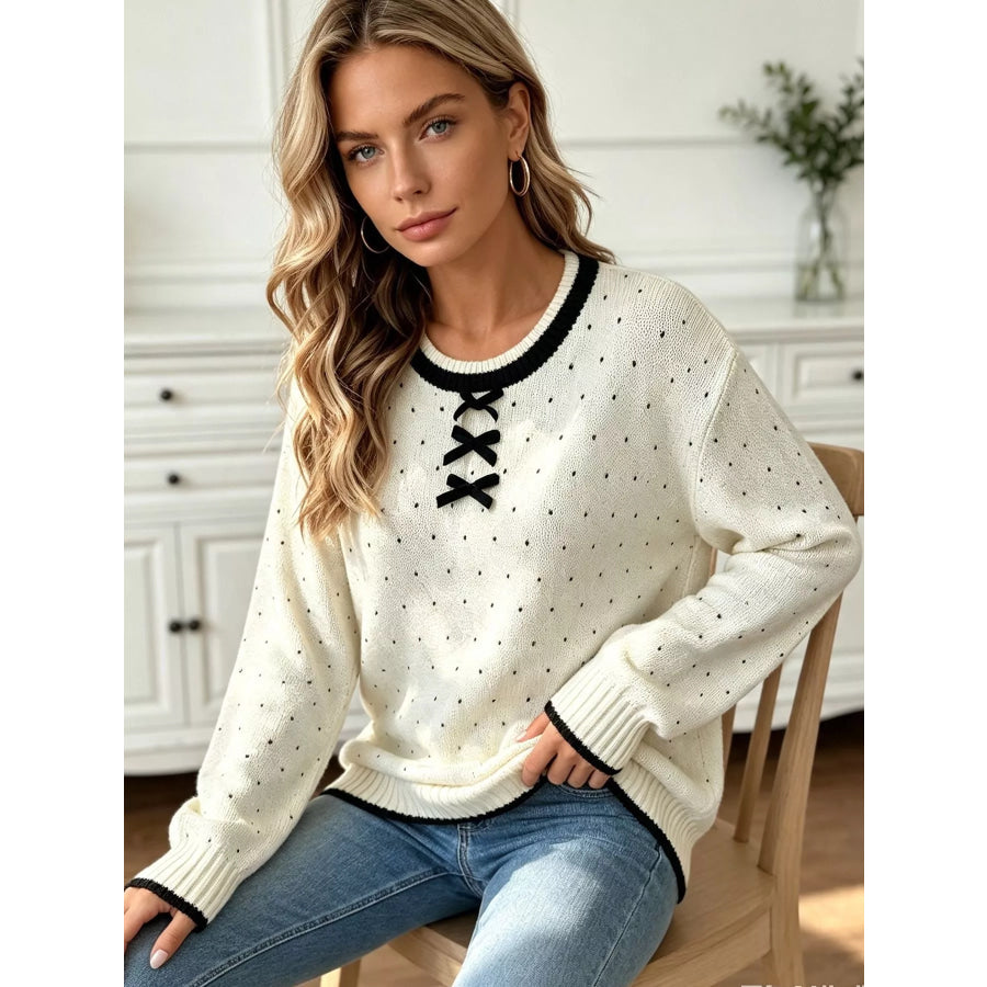 Polka Dot Lace-Up Detail Sweater Apparel and Accessories