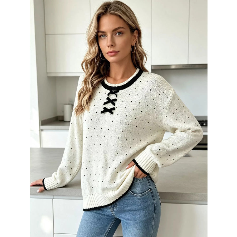 Polka Dot Lace-Up Detail Sweater Apparel and Accessories