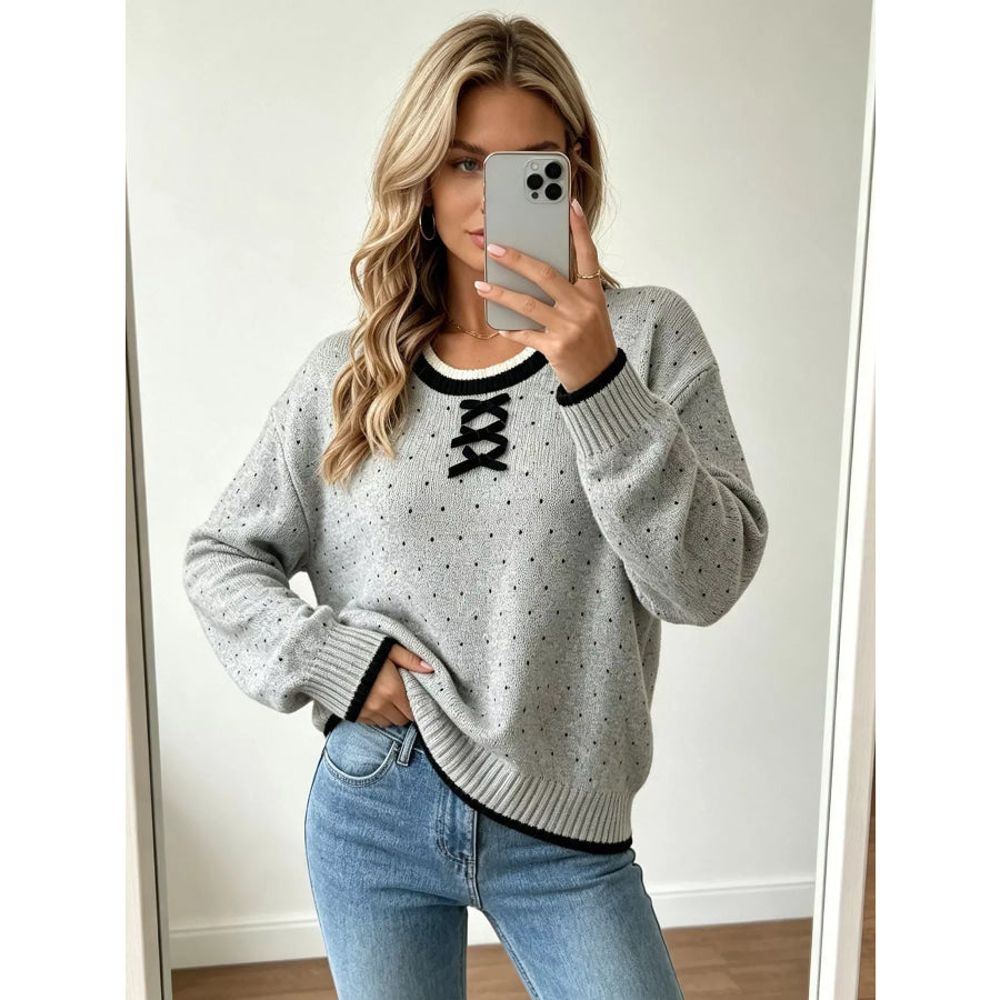 Polka Dot Lace-Up Detail Sweater Apparel and Accessories
