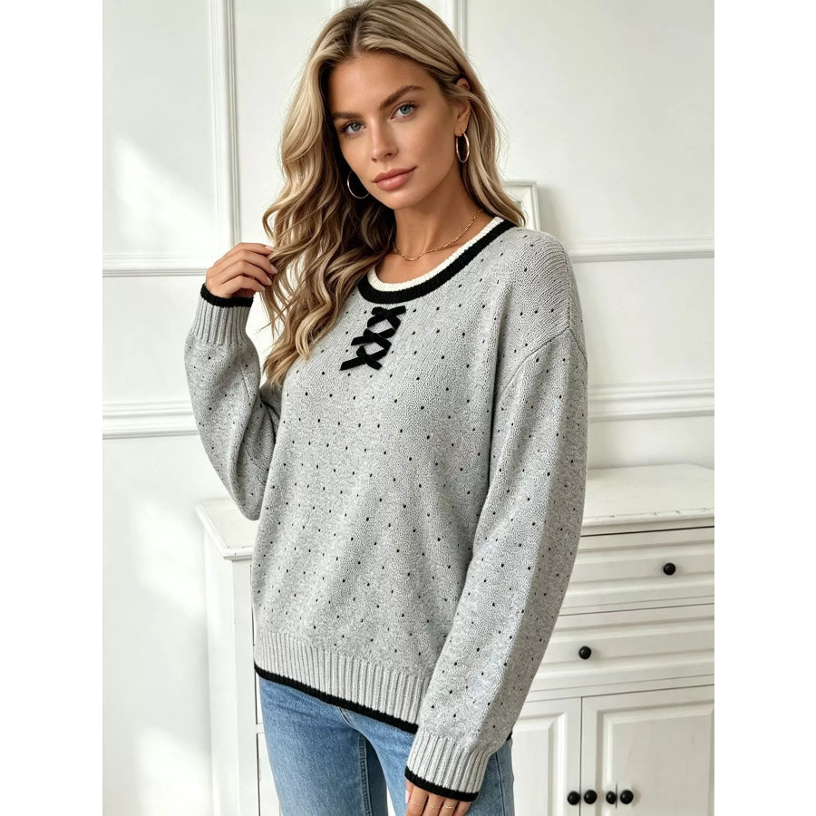 Polka Dot Lace-Up Detail Sweater Gray / One Size Apparel and Accessories