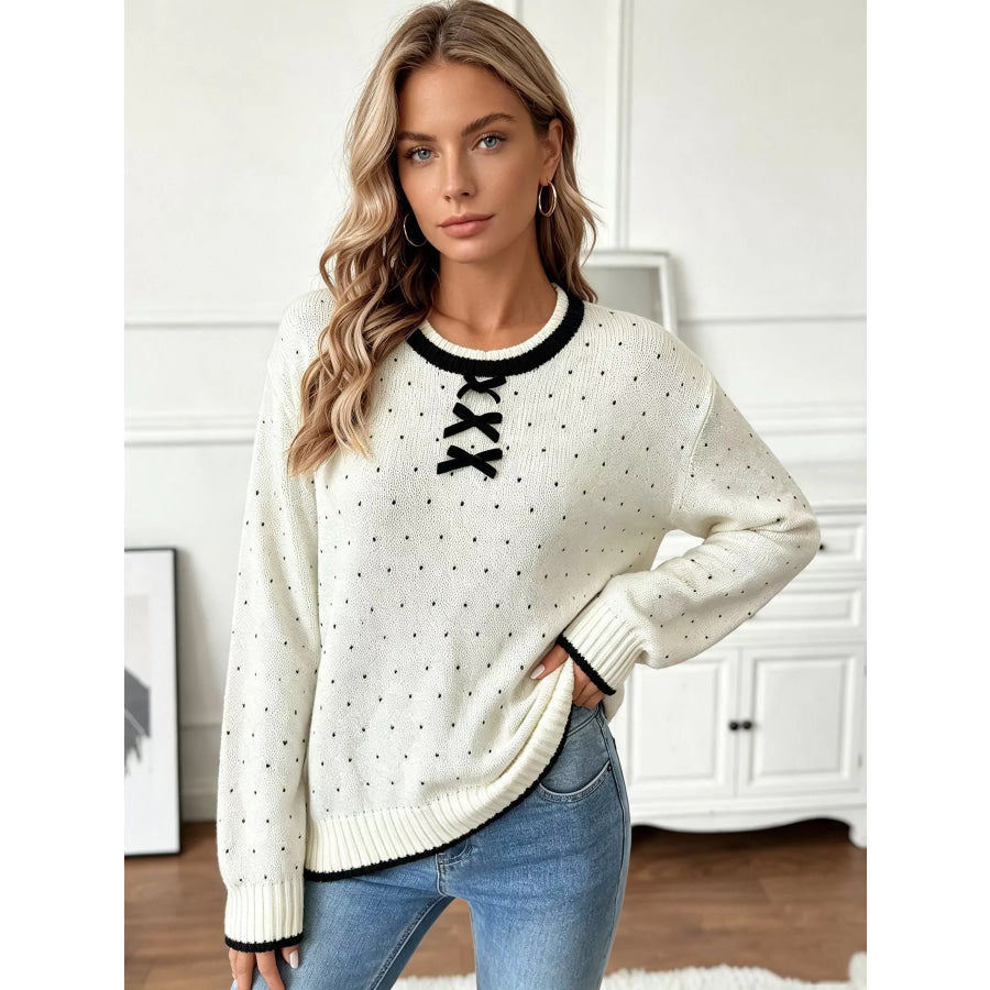 Polka Dot Lace-Up Detail Sweater White / One Size Apparel and Accessories