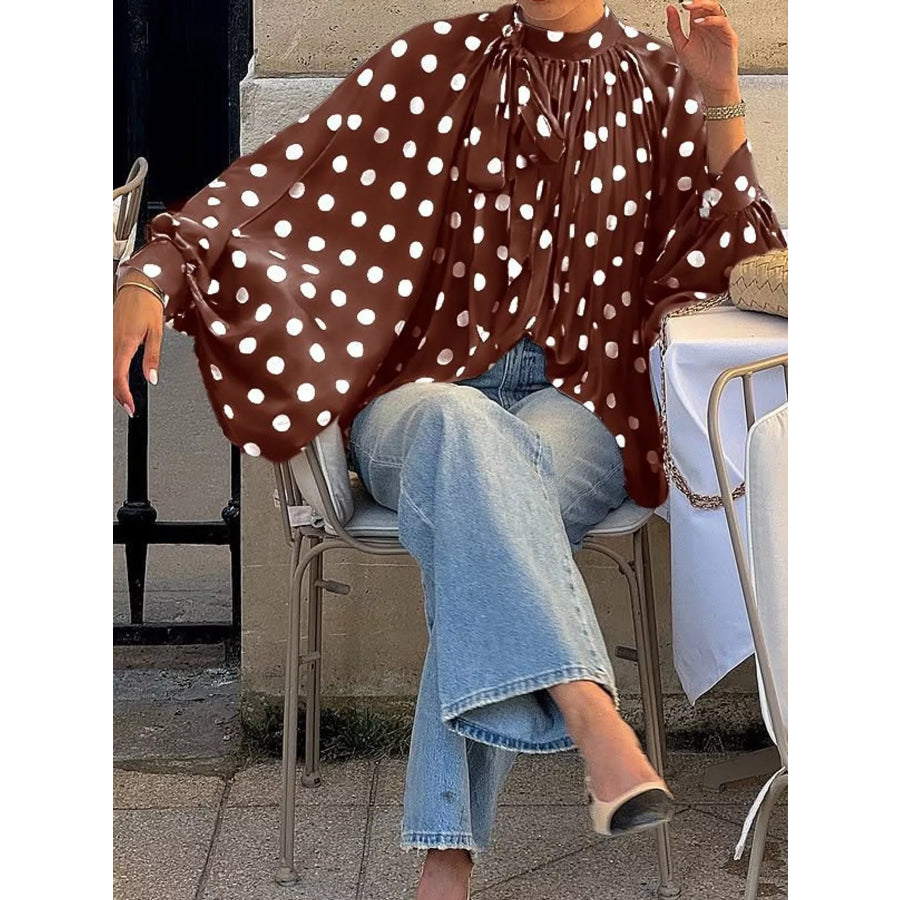 Polka Dot Long Sleeve Blouse Coffee / S Apparel and Accessories