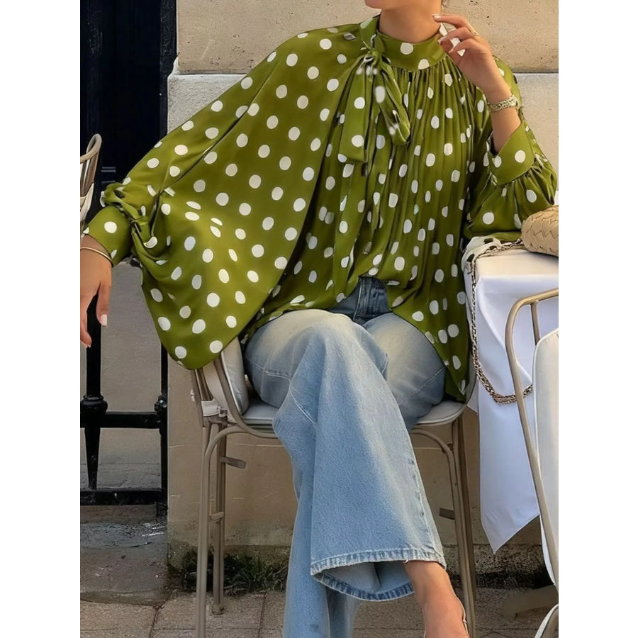Polka Dot Long Sleeve Blouse Green / S Apparel and Accessories