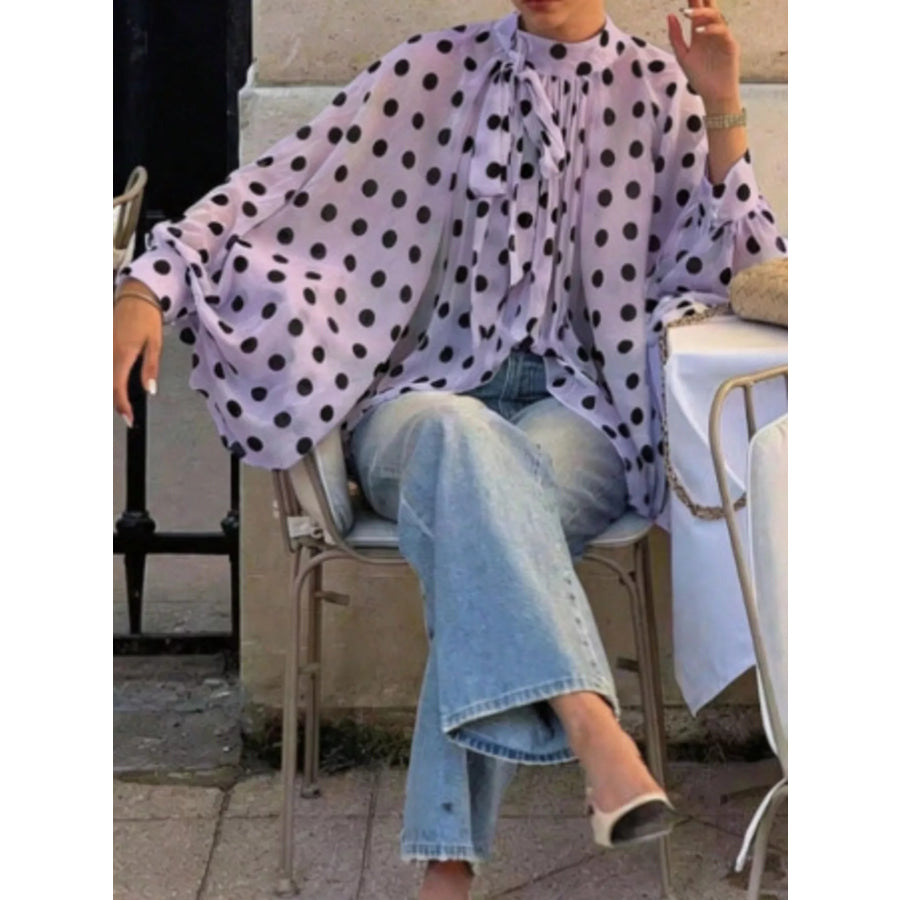 Polka Dot Long Sleeve Blouse Light Purple / S Apparel and Accessories