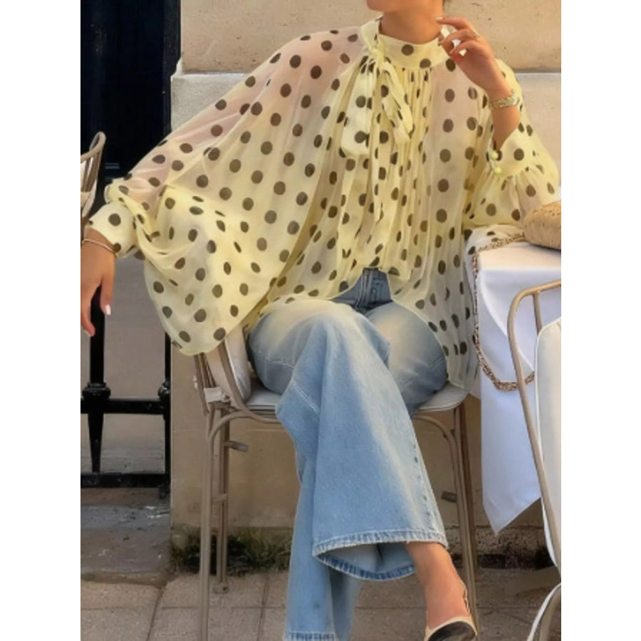 Polka Dot Long Sleeve Blouse Light Yellow / S Apparel and Accessories
