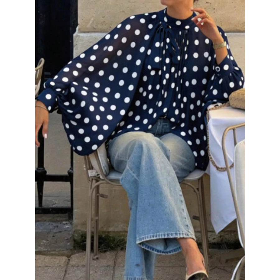 Polka Dot Long Sleeve Blouse Navy / S Apparel and Accessories