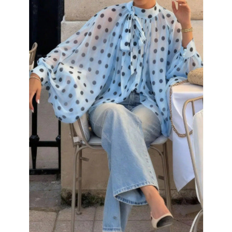 Polka Dot Long Sleeve Blouse Sky Blue / S Apparel and Accessories