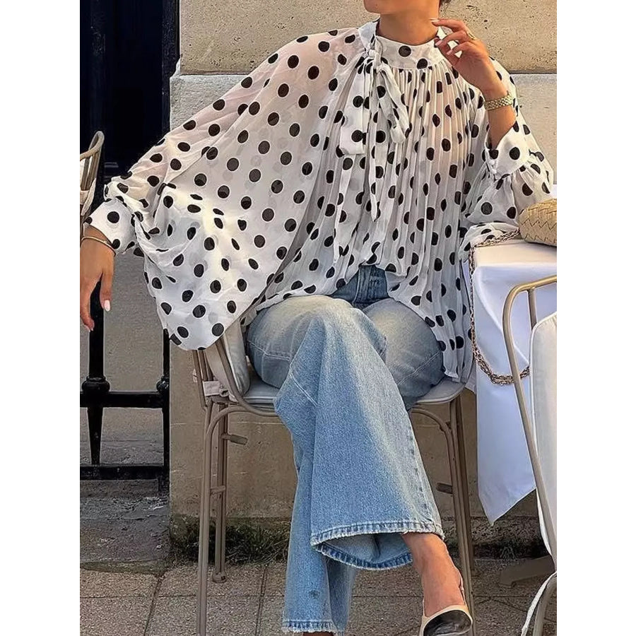 Polka Dot Long Sleeve Blouse White / S Apparel and Accessories