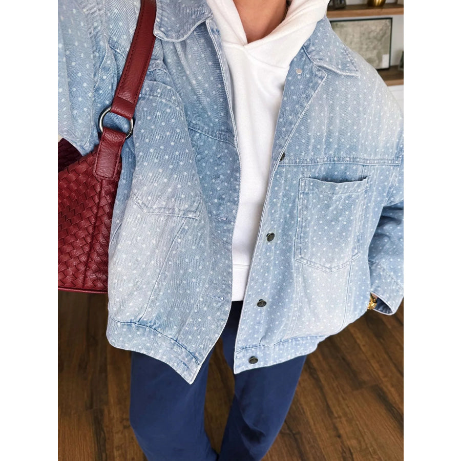 Polka Dot Long Sleeve Collar Pocket Casual Shift Silhouette Denim Jacket Apparel and Accessories