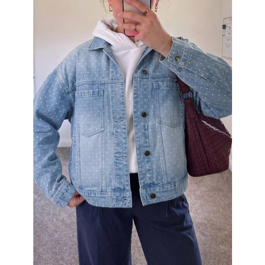 Polka Dot Long Sleeve Collar Pocket Casual Shift Silhouette Denim Jacket Apparel and Accessories
