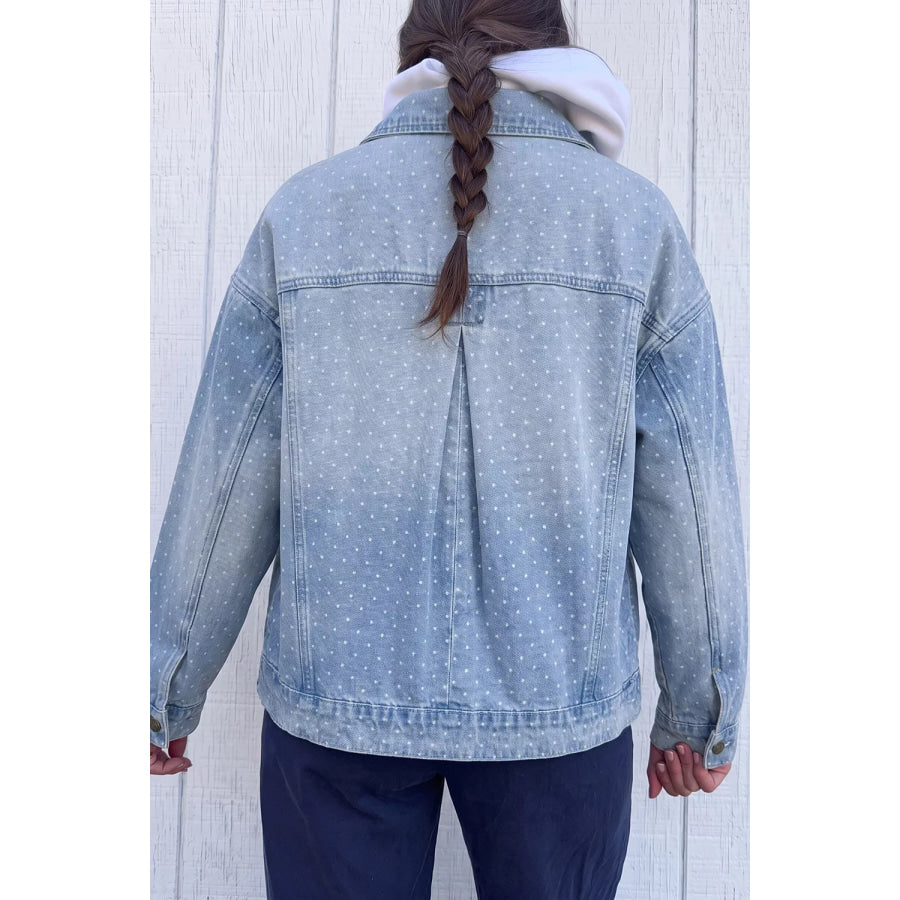 Polka Dot Long Sleeve Collar Pocket Casual Shift Silhouette Denim Jacket Apparel and Accessories