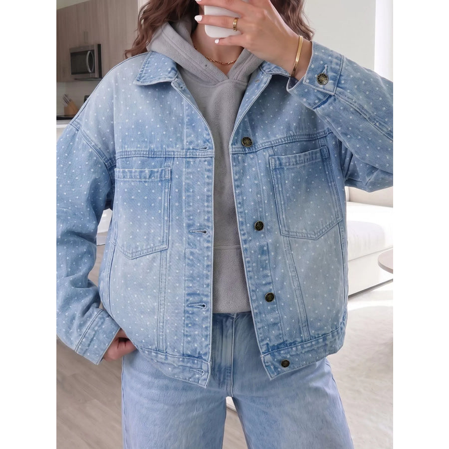 Polka Dot Long Sleeve Collar Pocket Casual Shift Silhouette Denim Jacket Apparel and Accessories