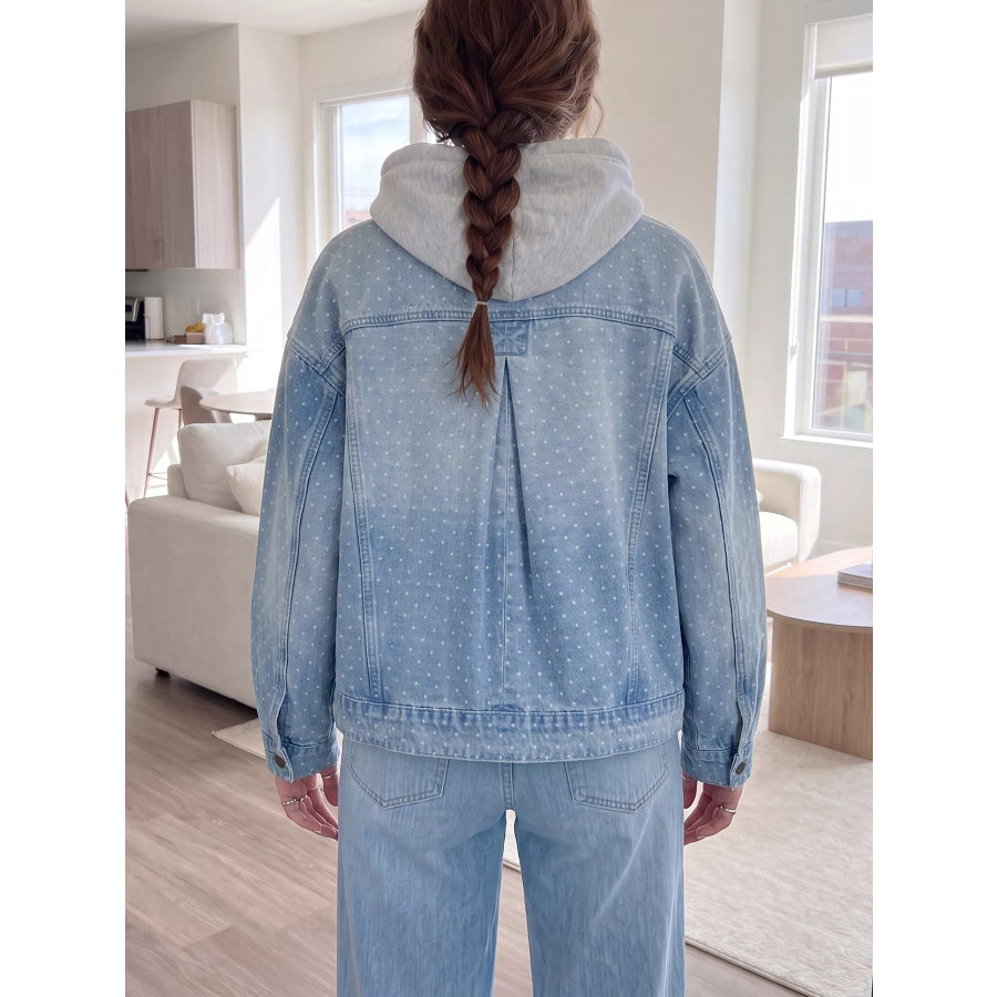 Polka Dot Long Sleeve Collar Pocket Casual Shift Silhouette Denim Jacket Apparel and Accessories