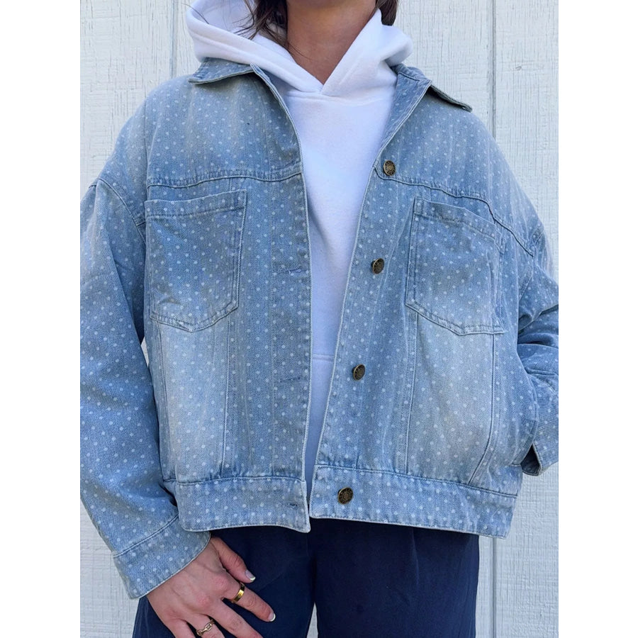 Polka Dot Long Sleeve Collar Pocket Casual Shift Silhouette Denim Jacket Light Blue / S Apparel and Accessories