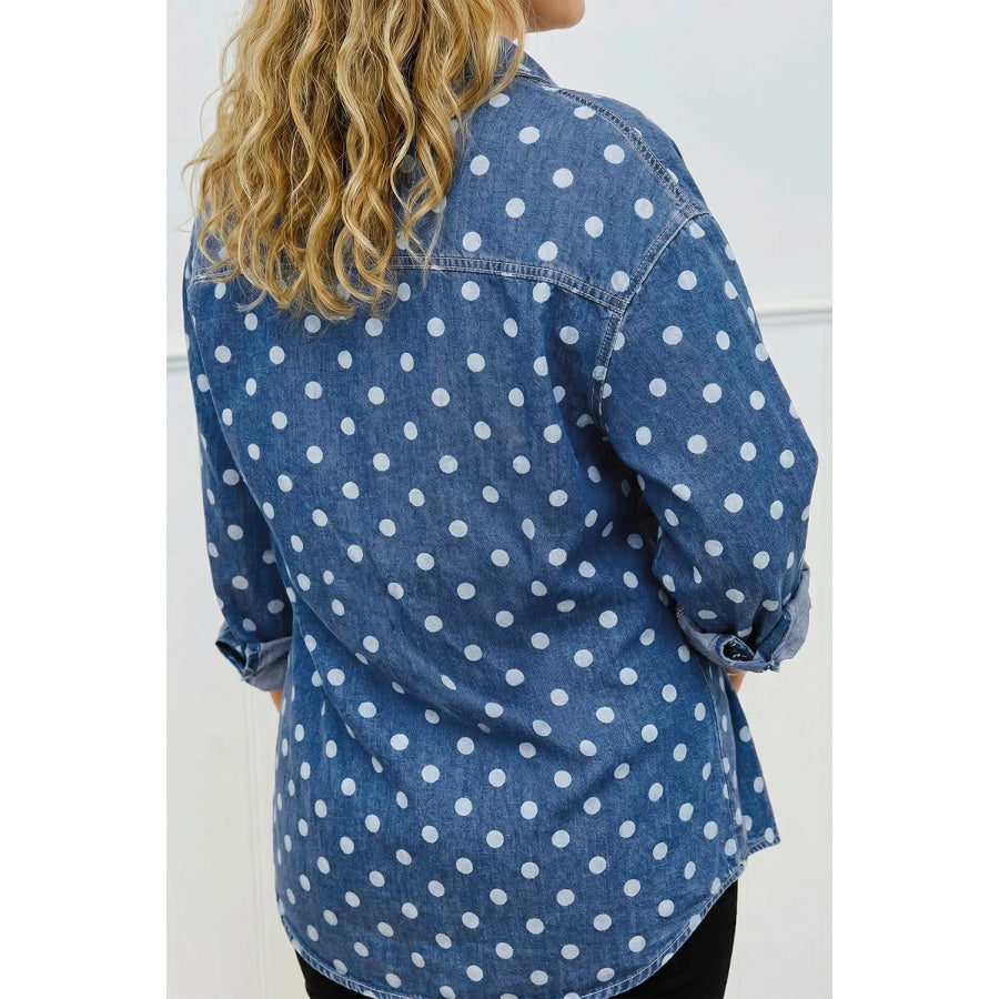 Polka Dot Long Sleeve Collar Shift Tunic Denim Jacket Apparel and Accessories