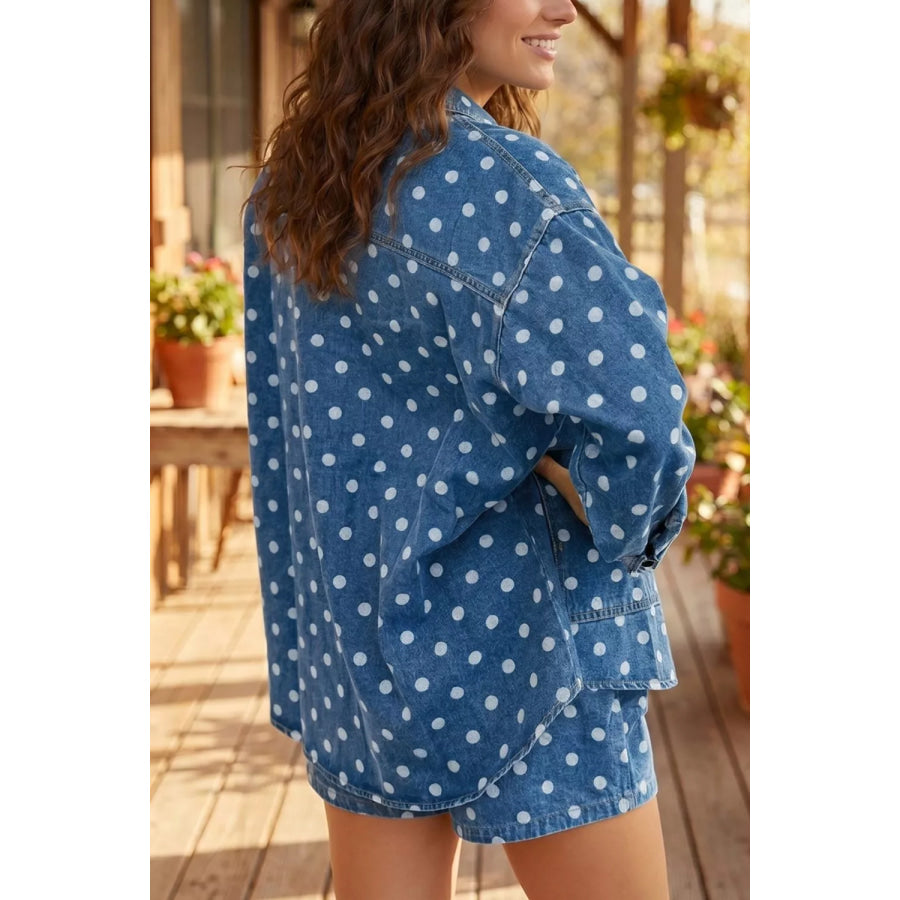 Polka Dot Long Sleeve Collar Shift Tunic Denim Jacket Apparel and Accessories