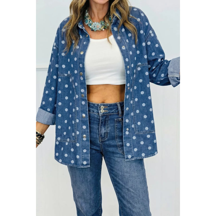 Polka Dot Long Sleeve Collar Shift Tunic Denim Jacket Dusty Blue / S Apparel and Accessories