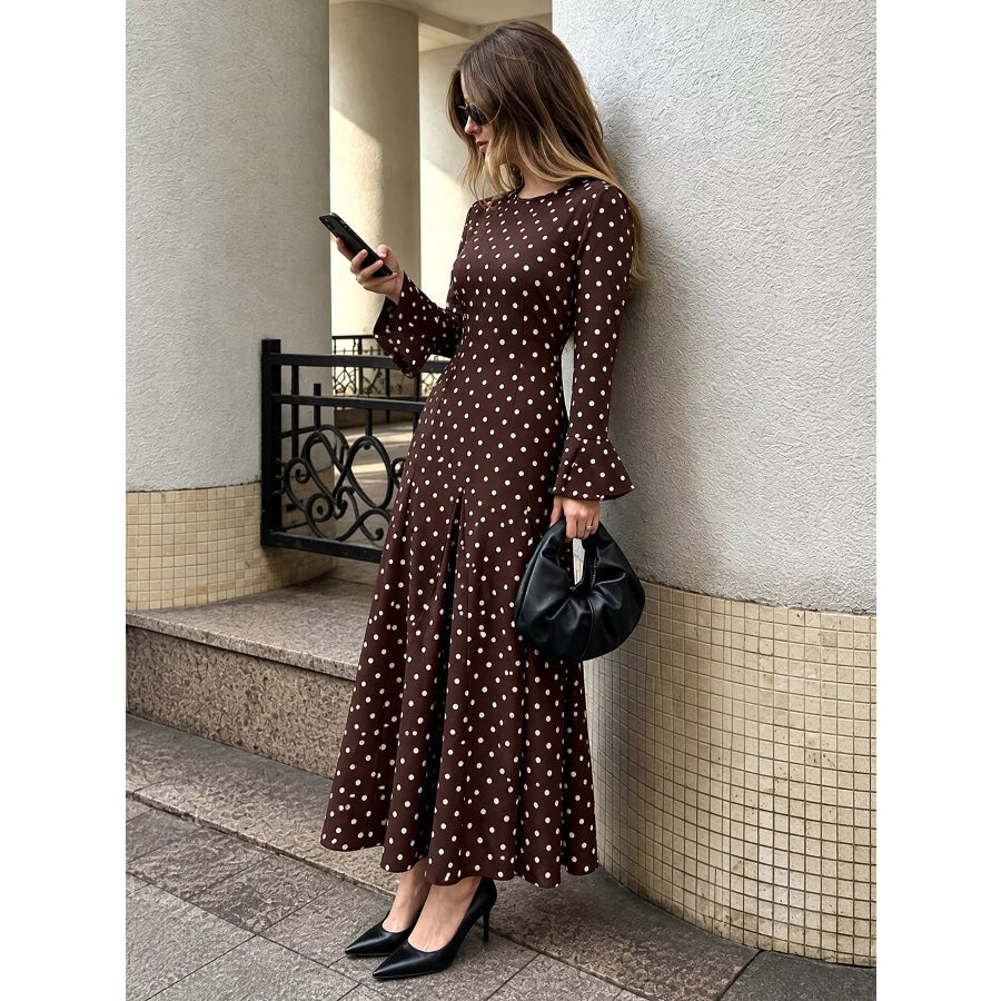 Polka Dot Long Sleeve Maxi Dress Coffee Brown / S Apparel and Accessories