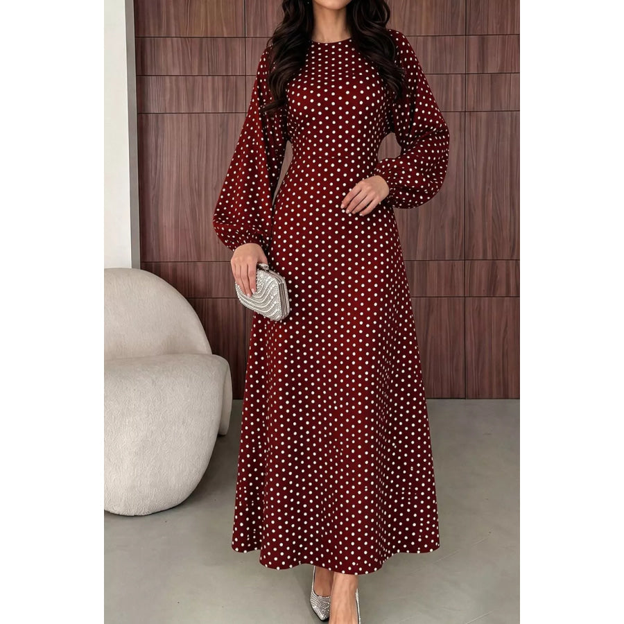Polka Dot Long Sleeve Maxi Dress Apparel and Accessories