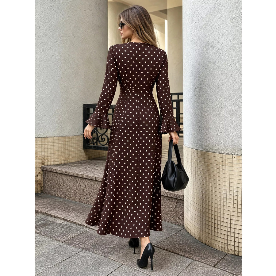 Polka Dot Long Sleeve Maxi Dress Apparel and Accessories