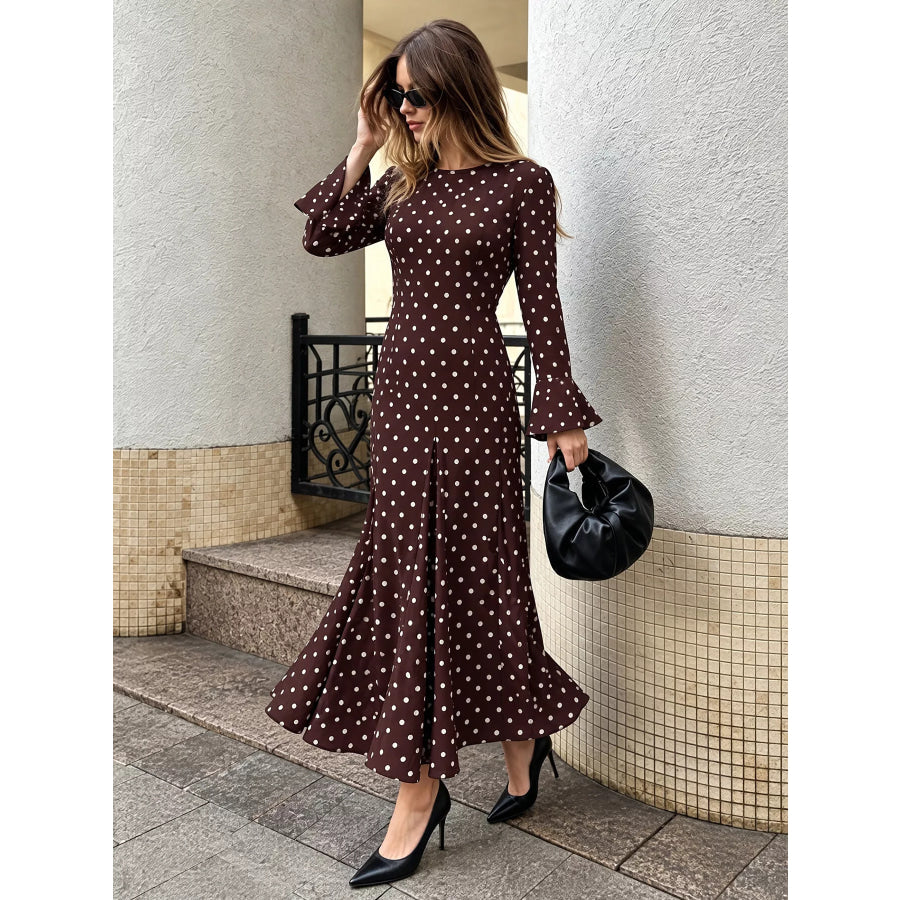 Polka Dot Long Sleeve Maxi Dress Apparel and Accessories