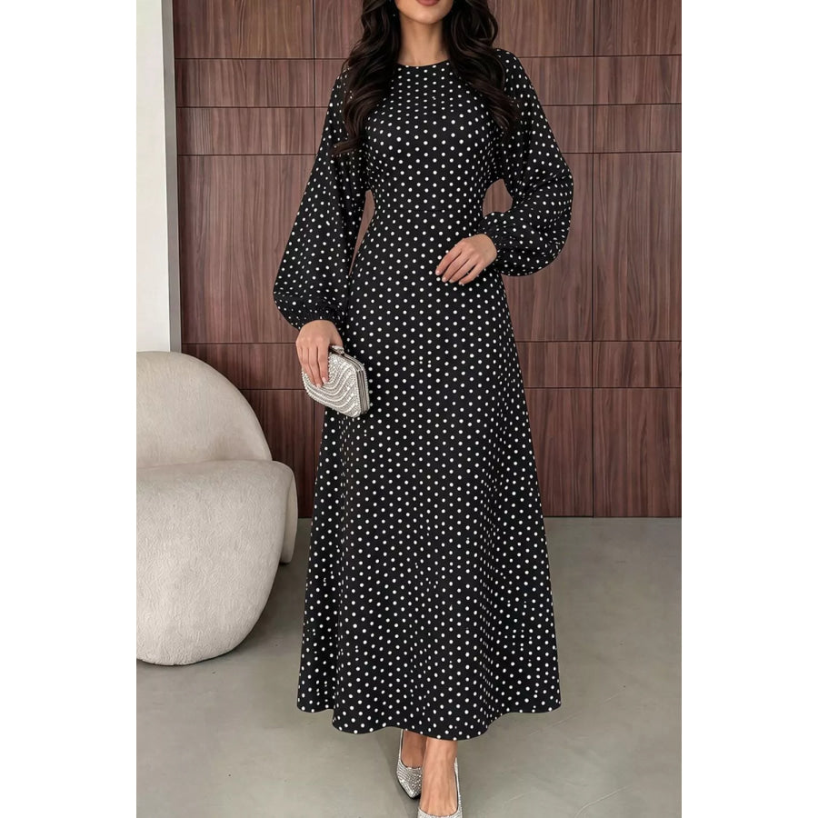 Polka Dot Long Sleeve Maxi Dress Apparel and Accessories