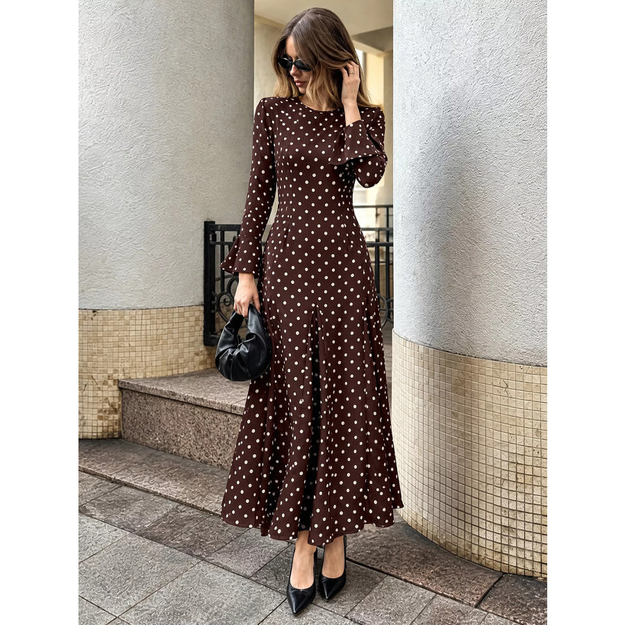 Polka Dot Long Sleeve Maxi Dress Apparel and Accessories