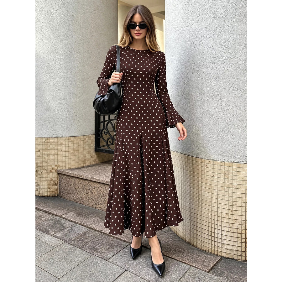 Polka Dot Long Sleeve Maxi Dress Apparel and Accessories