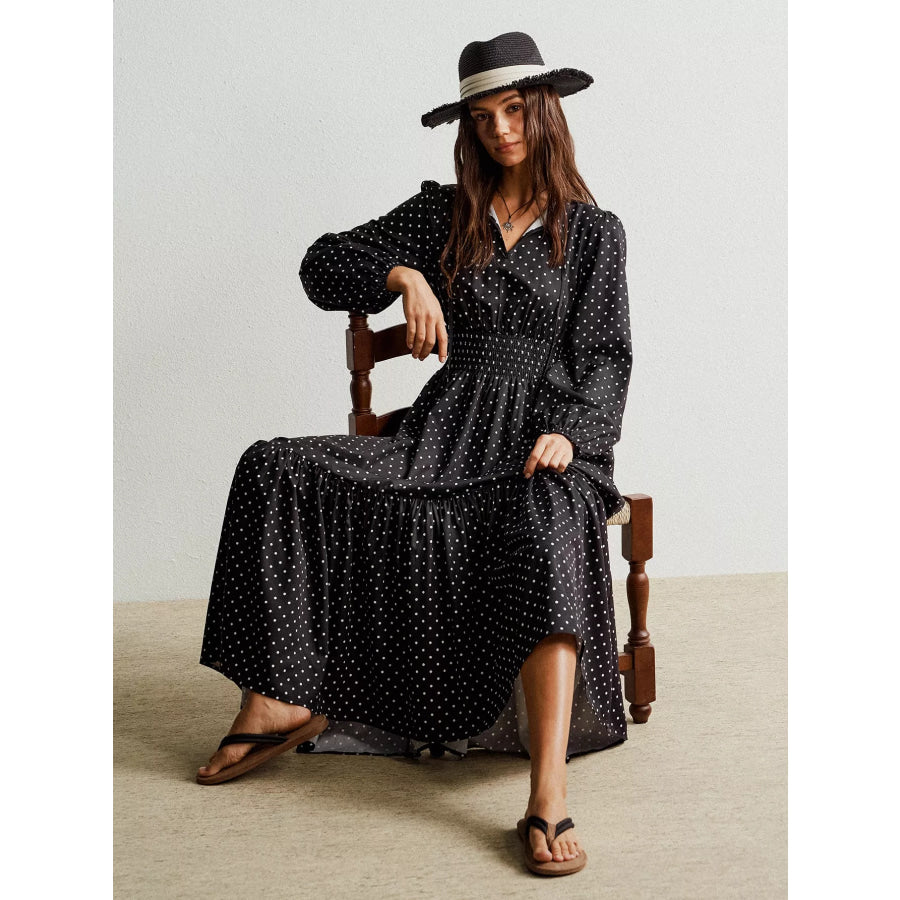 Polka Dot Long Sleeve Maxi Dress Apparel and Accessories