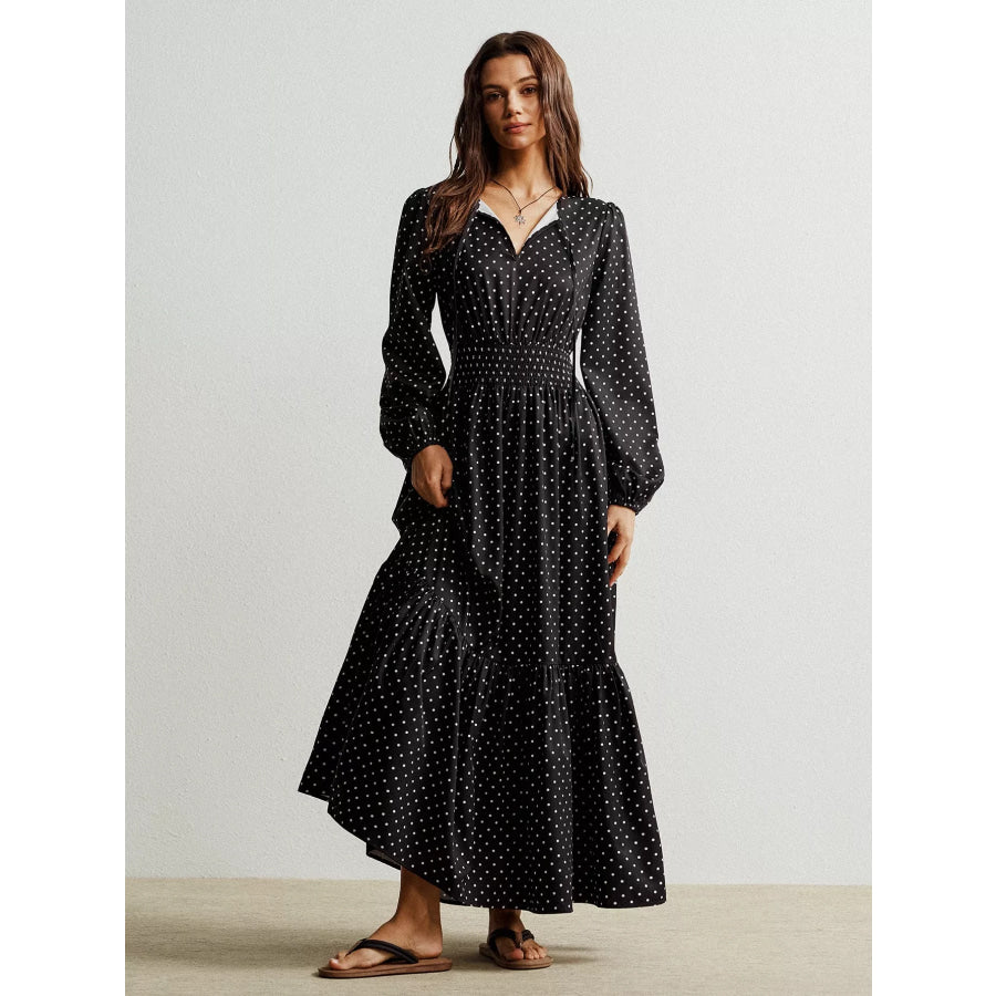 Polka Dot Long Sleeve Maxi Dress Black / S Apparel and Accessories