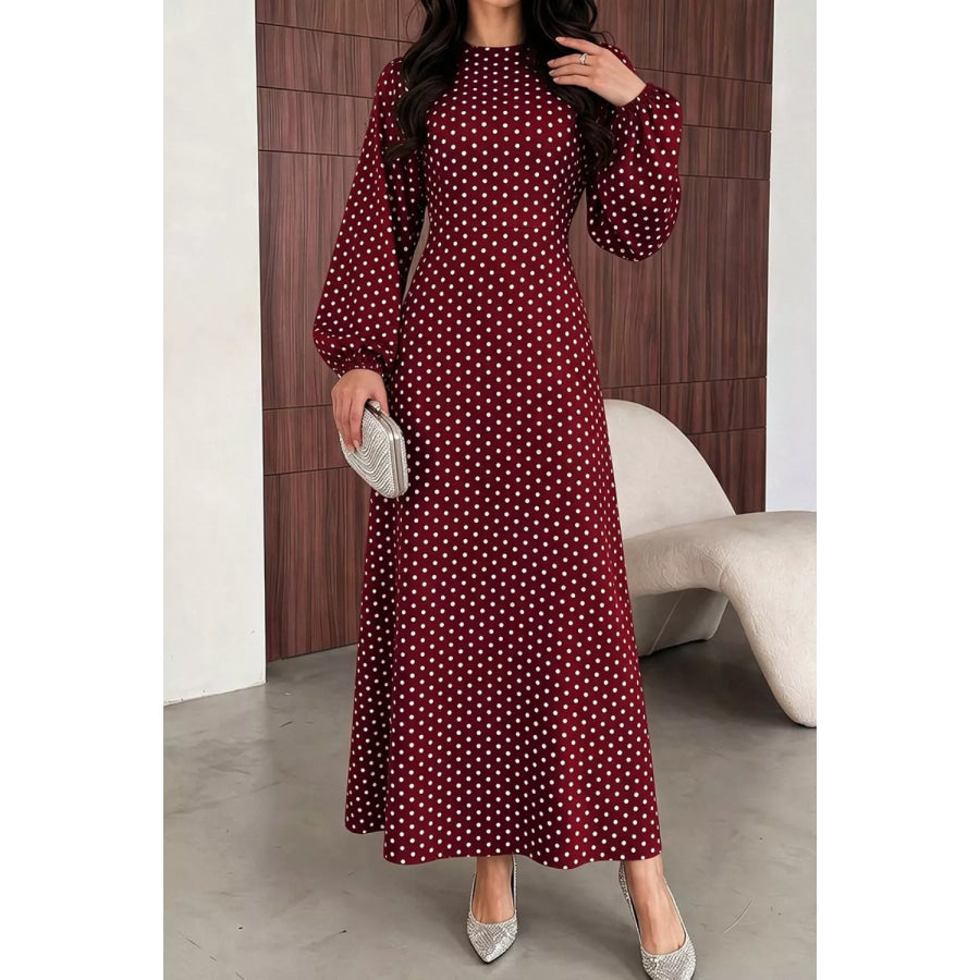 Polka Dot Long Sleeve Maxi Dress Burgundy / S Apparel and Accessories