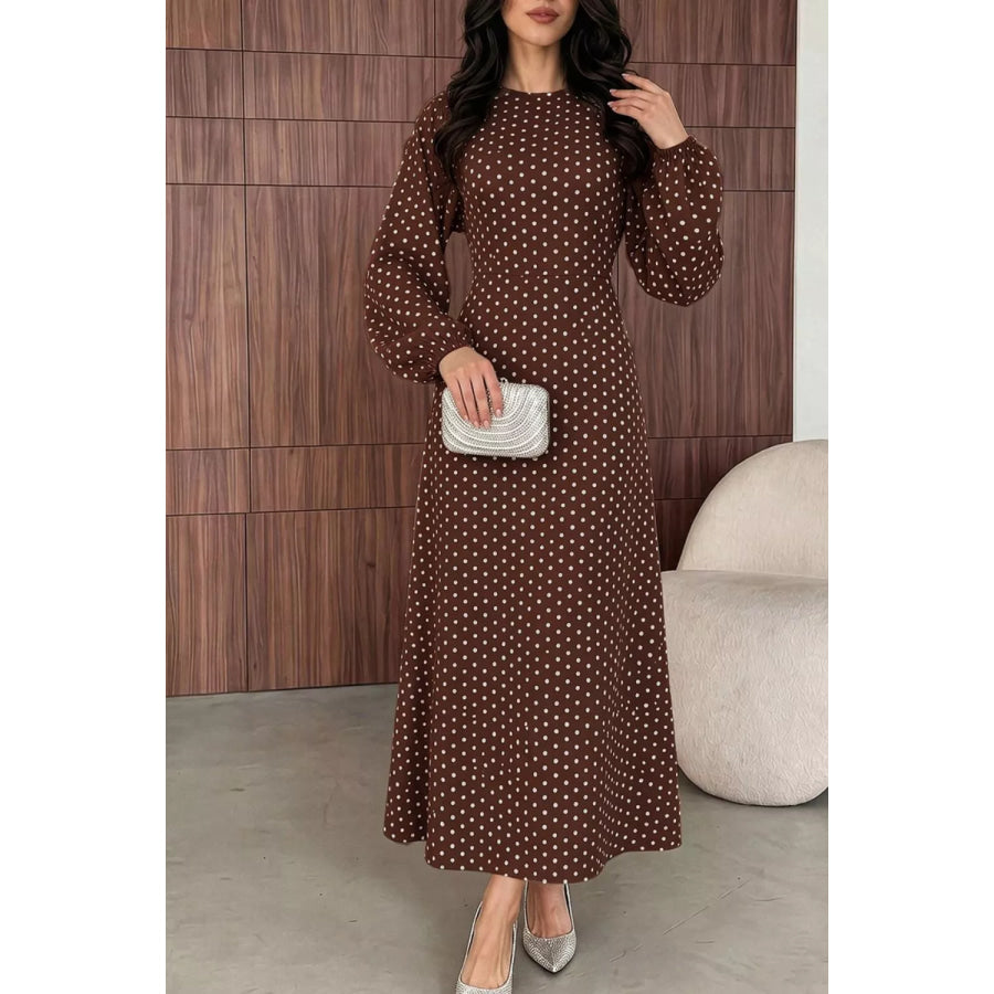 Polka Dot Long Sleeve Maxi Dress Coffee Brown / S Apparel and Accessories