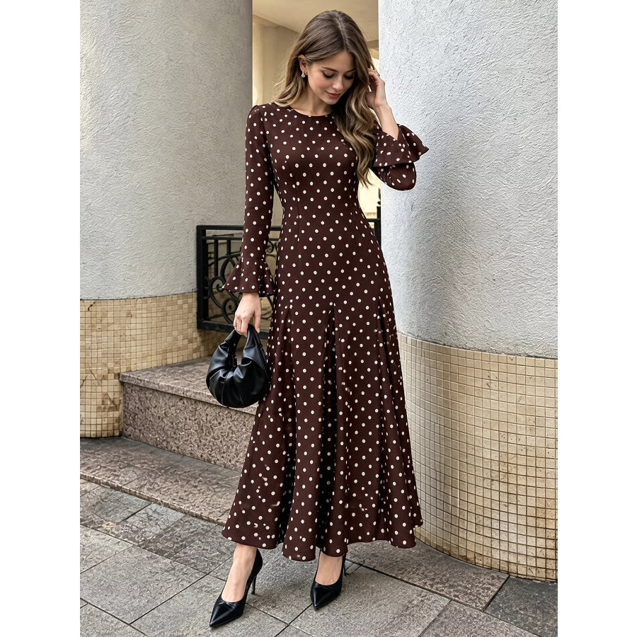 Polka Dot Long Sleeve Maxi Dress Coffee Brown / S Apparel and Accessories