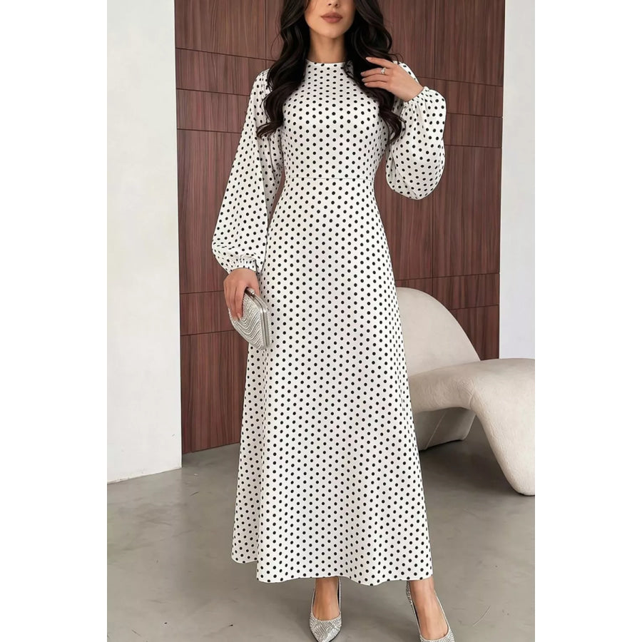 Polka Dot Long Sleeve Maxi Dress White / S Apparel and Accessories