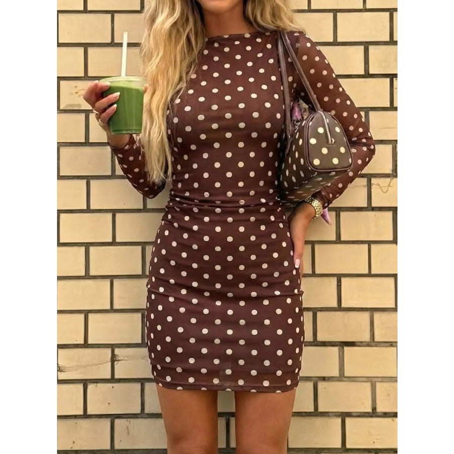 Polka Dot Long Sleeve Mini Dress Brown / S Apparel and Accessories