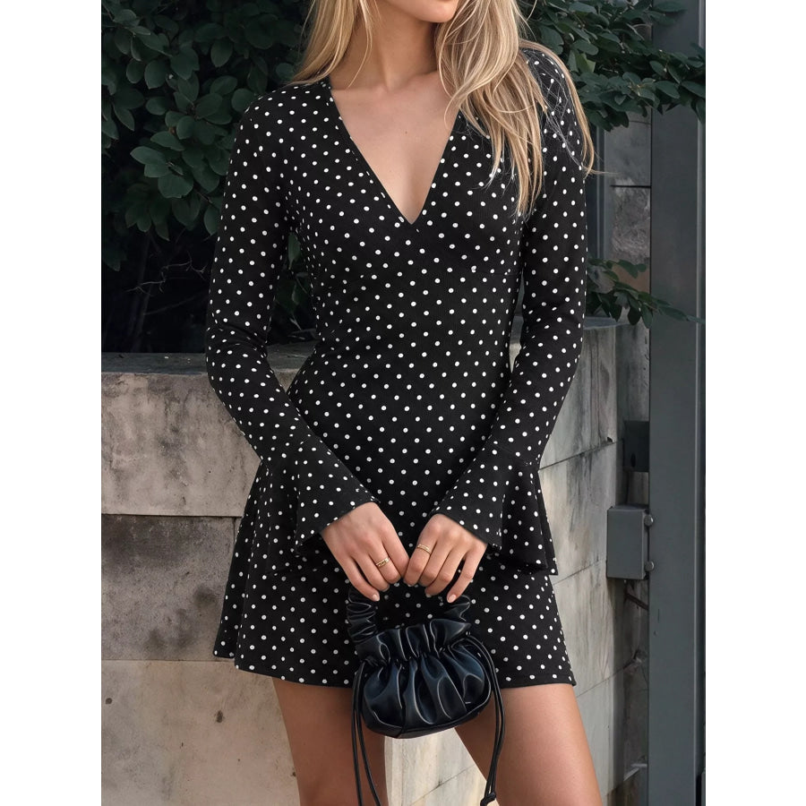 Polka Dot Long Sleeve Ruffle Hem Mini Dress Apparel and Accessories
